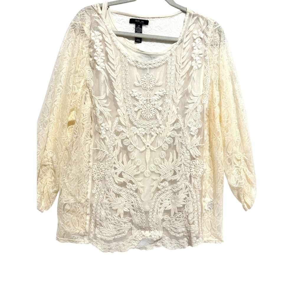 Womens 3X Cream Lace Lined 3/4 Sleeve Boho Romantic Career wedding victorian top